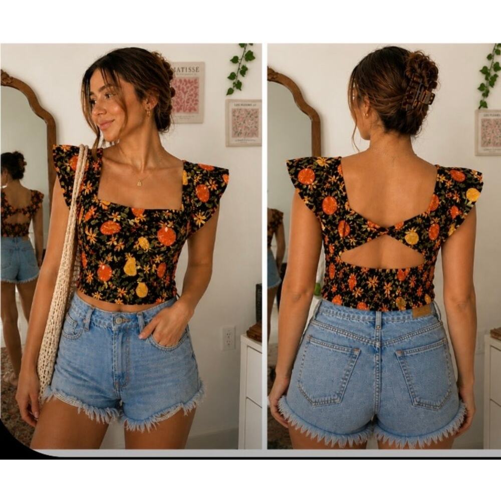 Sadie & Sage Black Floral Square-Neck Crop Top with Orange Accents